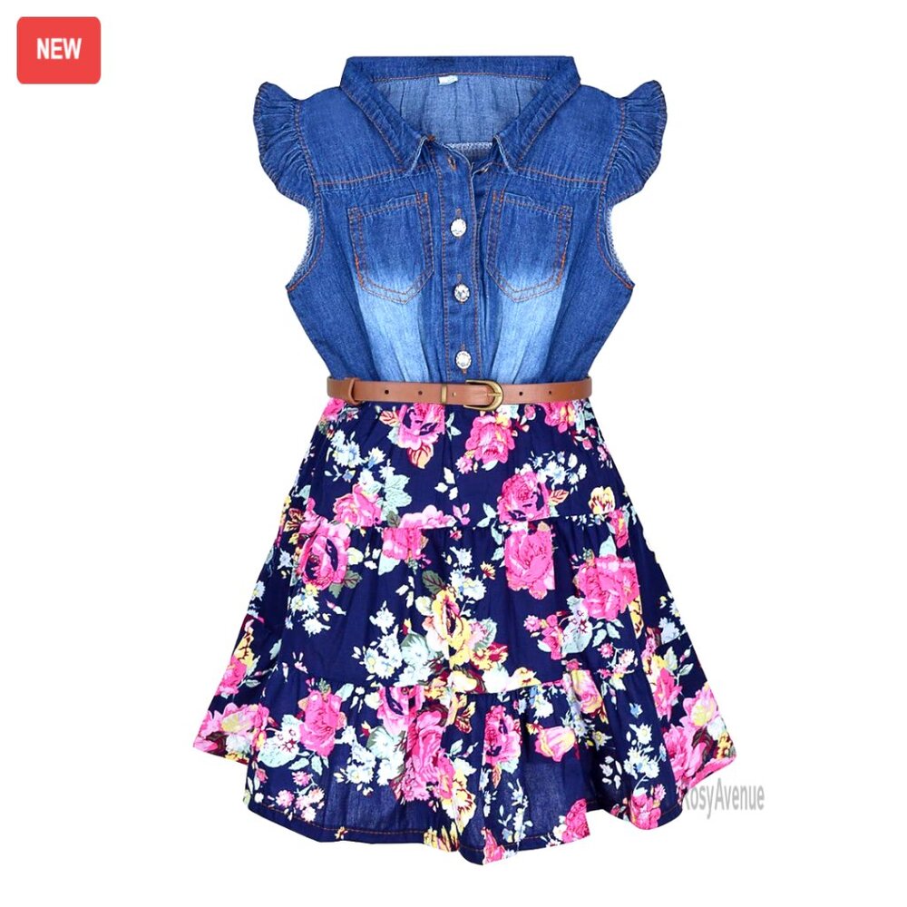 Girls Denim Top Flower Dress, Western Style, 98% Cotton, Party Wear 3-14 Years